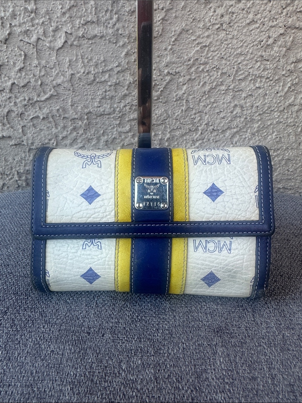 MCM Cream Navy Yellow Logo Stripe wallet